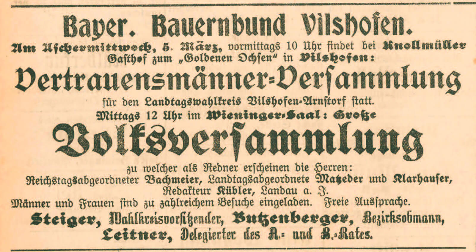 Ankündigung der Aschermittwochskundgebung, 1919