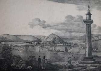Ansicht von Gaibach Richtung Vogelsburg, im Vordergrund die Konstitutionssäule, um 1828–1854