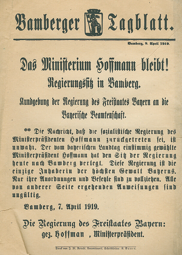 Flugblatt des Bamberger Tagblatts zur Verlegung des Regierungssitzes nach Bamberg, 8. April 1919