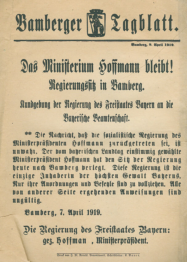 Flugblatt des Bamberger Tagblatts zur Verlegung des Regierungssitzes nach Bamberg, 8. April 1919