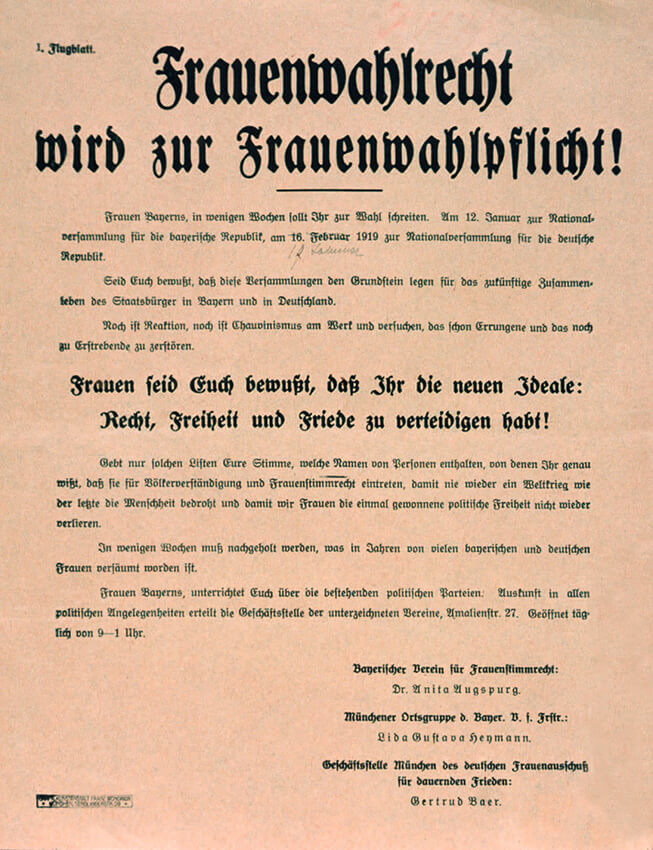 Flugblatt des Bayerischen Vereins für Frauenstimmrecht zu den Wahlen im Januar 1919