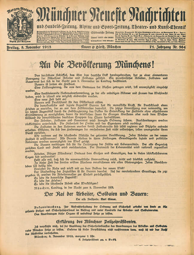Aufruf Kurt Eisners und des Arbeiter-, Soldaten- und Bauernrats „An die Bevölkerung Münchens!“, 8. November 1918