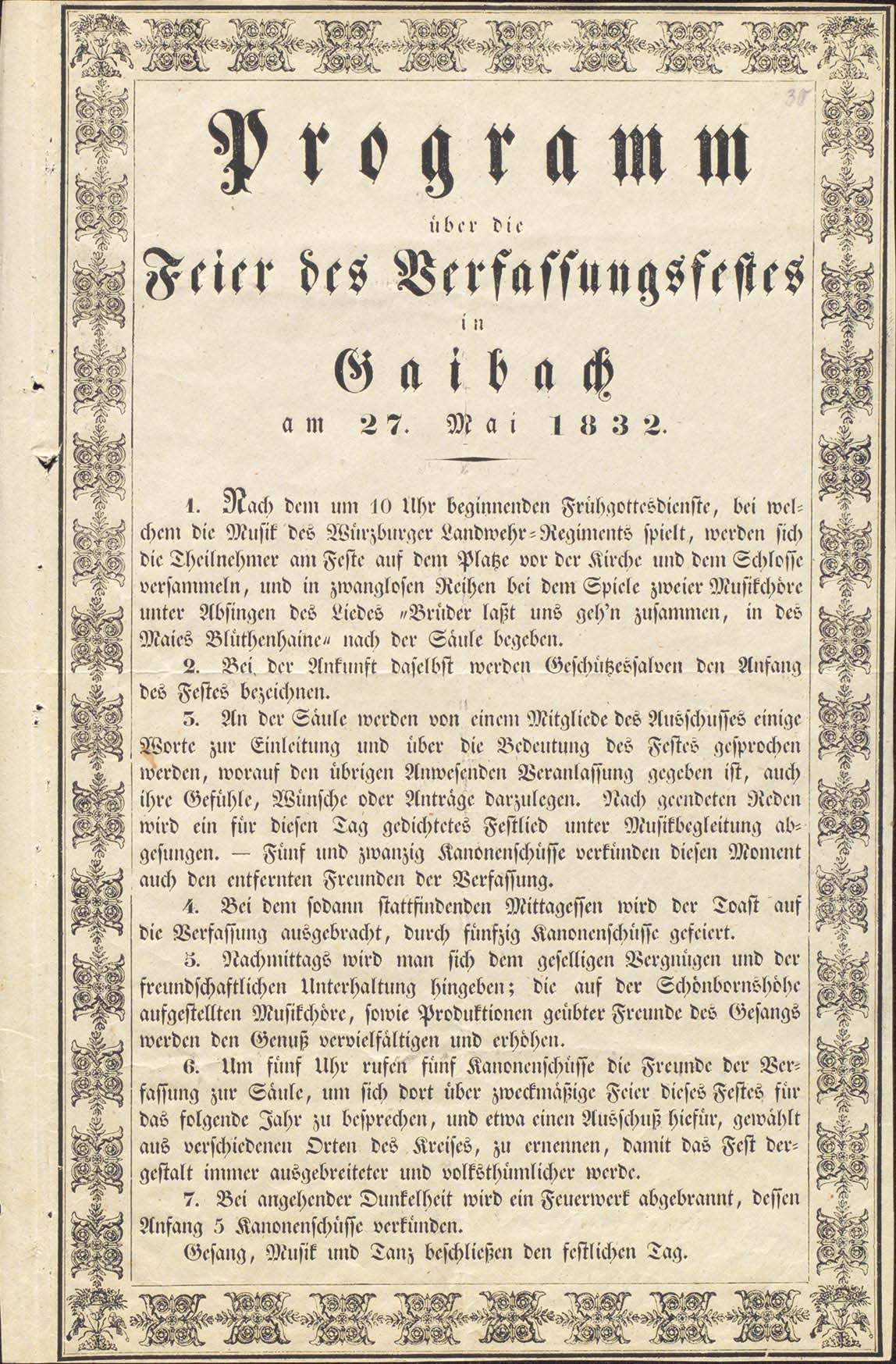 Festprogramm für das Gaibacher Fest, 1832. Klick öffnet das Faksimile.