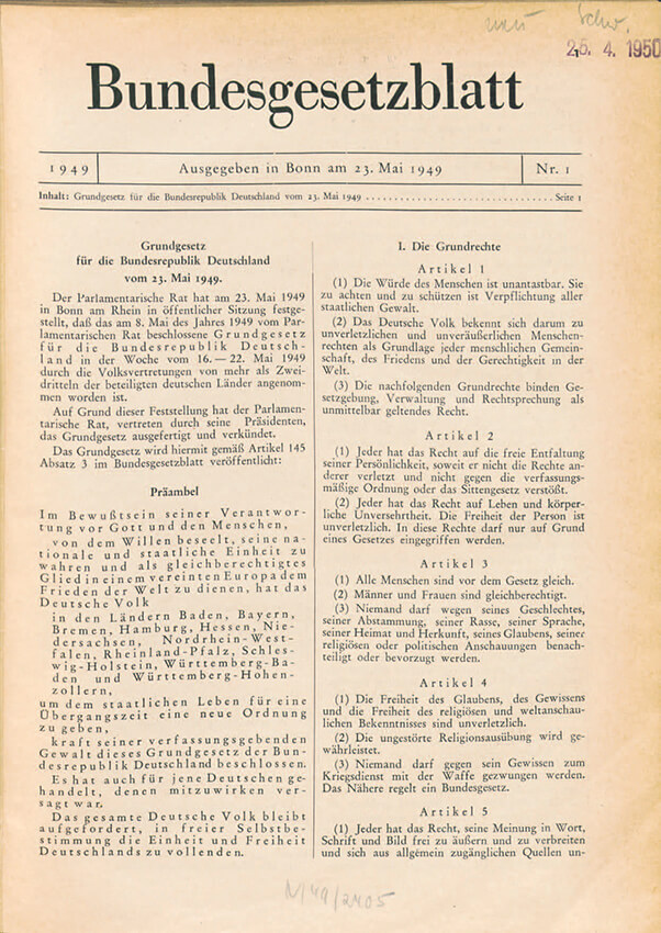 Veröffentlichung des Grundgesetzes im Bundesgesetzblatt, 23. Mai 1949