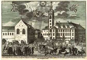 Auffahrt der Gesandten vor dem Regensburger Rathaus, 1729