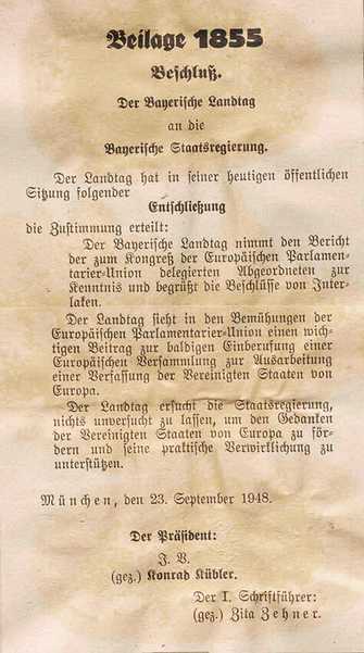 Landtagsbeschluss zur Schaffung eines vereinten Europas, 23. September 1948