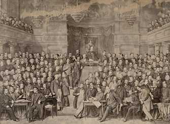 Kammer der Abgeordneten des bayerischen Landtags von 1866 bis 1868, Fotomontage von Atelieraufnahmen der 141 Abgeordneten