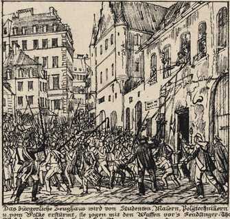 Münchner Bürger stürmen das Zeughaus am Anger, März 1848